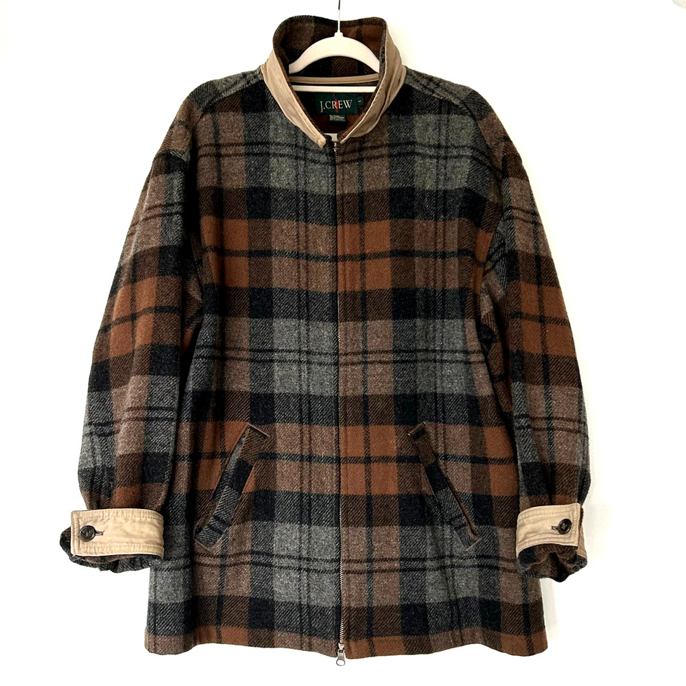 Vintage J.Crew Wool Plaid Zip Jacket Brown Gray Check Oversized Made in USA sz L